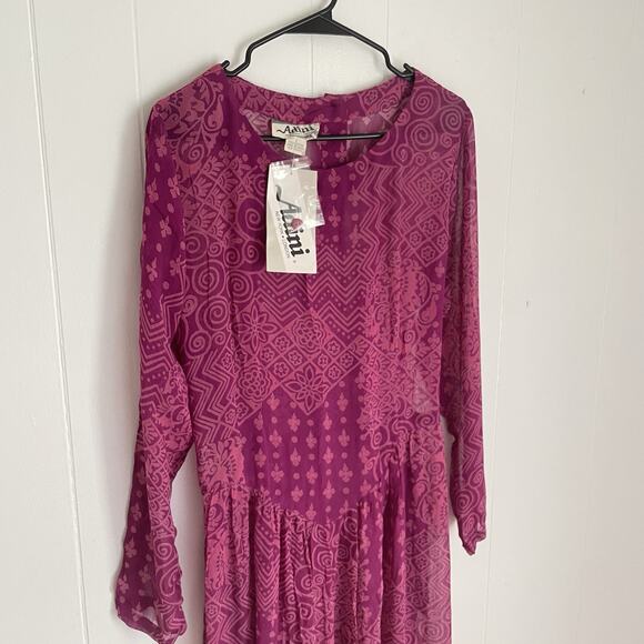 Vintage 70s Adini India Boho Midi Dress Purple Geometric Print Sheer Rayon NWT - Picture 3 of 11